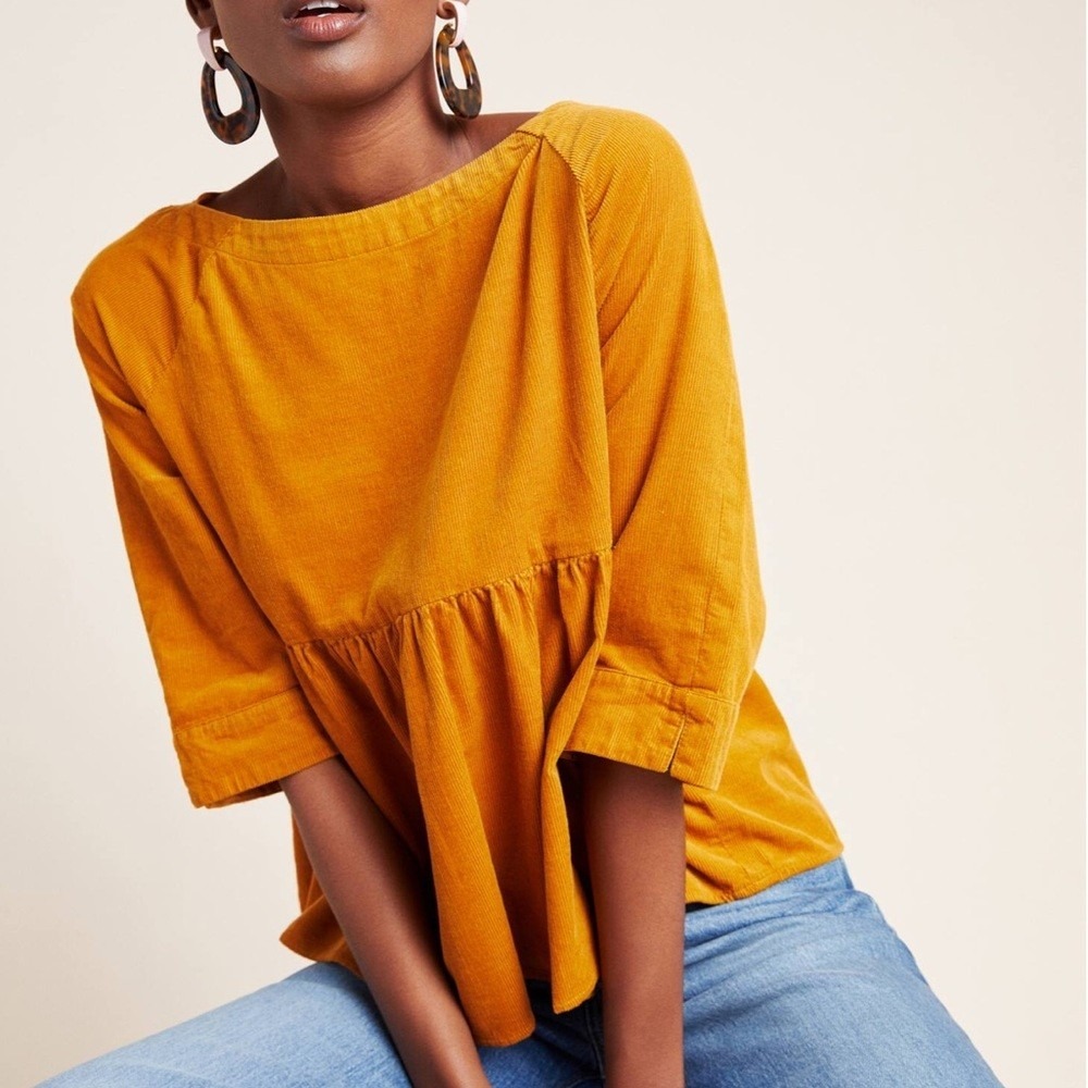 Anthropologie Maeve Maria Babydoll Corduroy Button Top Mustard Yellow Medium